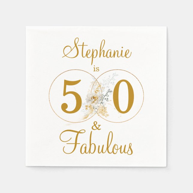 Serviette En Papier 50 et Fabulous Gold Script Nom fête d'anniversaire (Devant)