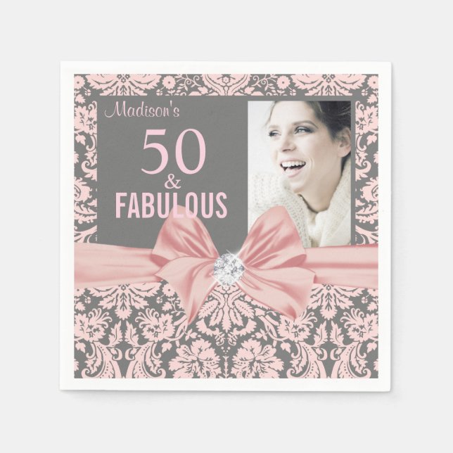 Serviette En Papier 50 et Fabulous rose damas diamant anniversaire (Devant)