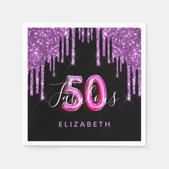 Serviette En Papier 50 Fabuleux anniversaire noir violet parties scint (Devant)