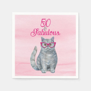 Serviette En Papier 50 & Fabulous Chat, rose et gris, 50e anniversaire