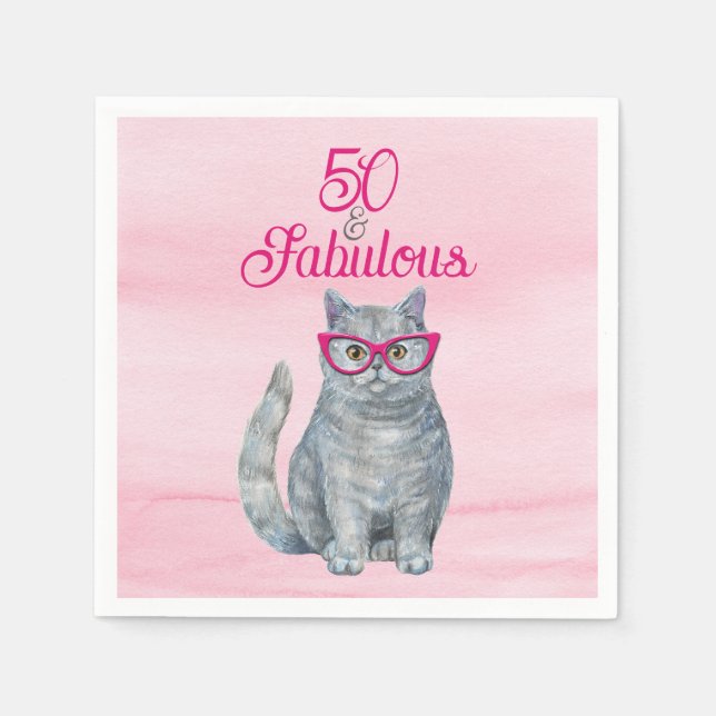 Serviette En Papier 50 & Fabulous Chat, rose et gris, 50e anniversaire (Devant)