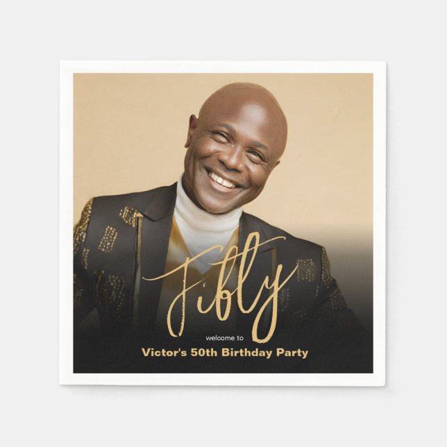 Serviette En Papier 50e anniversaire Black Gold Modern Chic Photo pers (Devant)