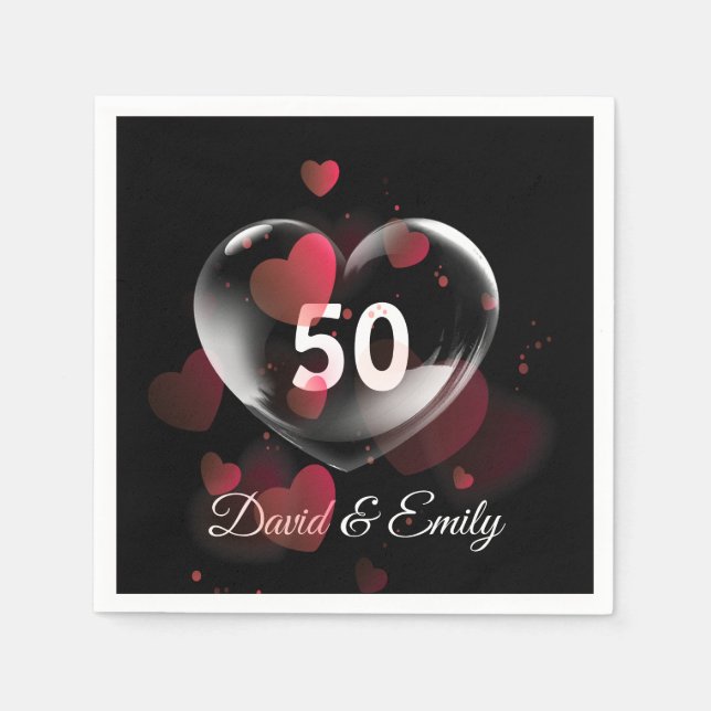 Serviette En Papier 50e Anniversaire Bulle cardiaque avec Coeurs rouge (Devant)