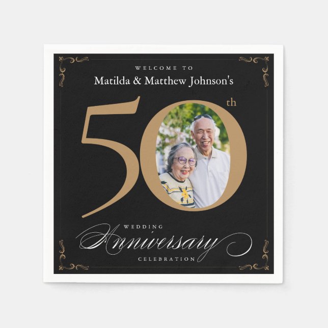 Serviette En Papier 50e Anniversaire Classy Black Gold Calligraphy Nap (Devant)