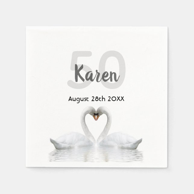 Serviette En Papier 50e anniversaire cygnes blancs noir nom élégant (Devant)