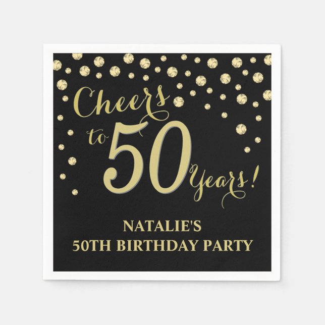 Serviette En Papier 50e anniversaire de fête Black and Gold Diamond Na (Devant)