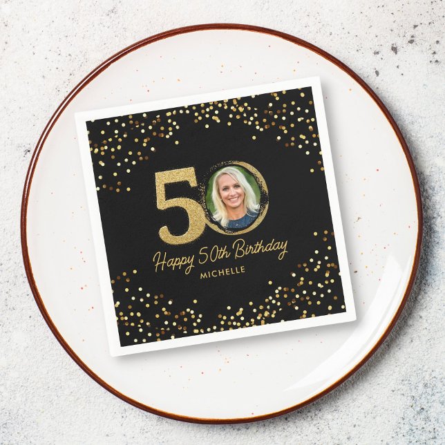 Serviette En Papier 50e anniversaire de la fête Photo Chic Black Gold  (Créateur téléchargé)