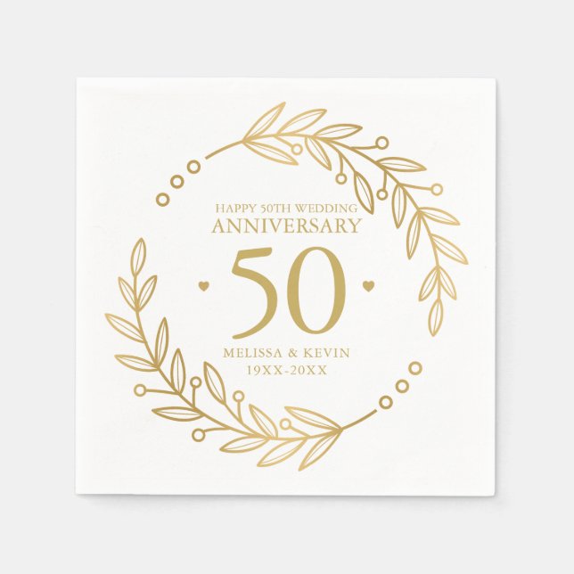 Serviette En Papier 50e anniversaire de Mariage cadre botanique or (Devant)
