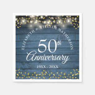 Serviette En Papier 50e anniversaire de mariage coeurs dorés bleu rust