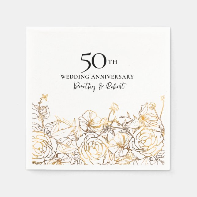 Serviette En Papier 50e anniversaire de Mariage or Floral Custom (Devant)