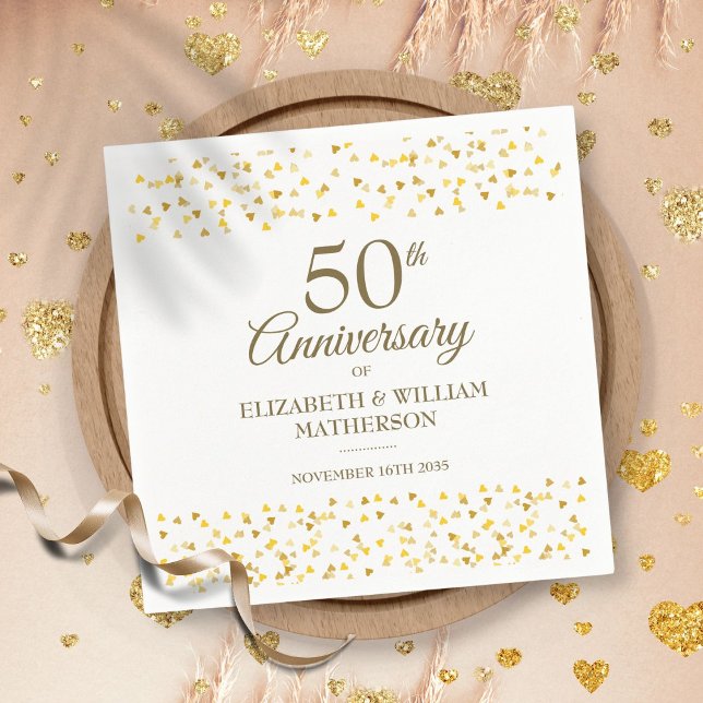 Serviette En Papier 50e anniversaire du Mariage Coeurs d'or (50th Wedding Anniversary Golden Hearts Napkins)