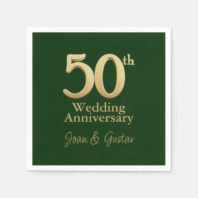 Serviette En Papier 50e anniversaire du Mariage | Lettres d'or | Green (Devant)