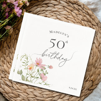 Serviette En Papier 50e Anniversaire Féminin Aquarelle Fleur Sauvage