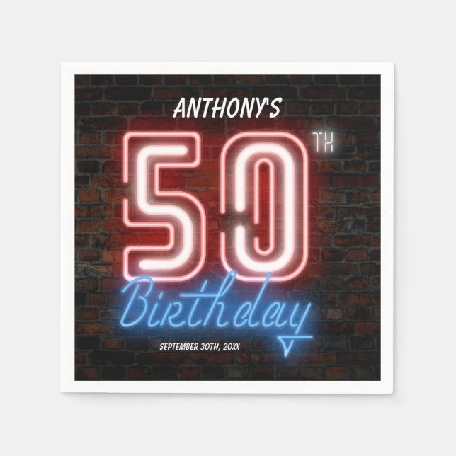 Serviette En Papier 50e Anniversaire Fête Retro Neon Signer Fun Custom (Devant)