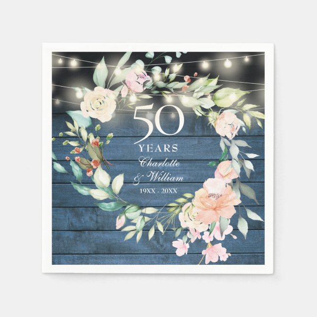 Serviette En Papier 50e Anniversaire Floral String Lumières Bleu Rusti (Devant)