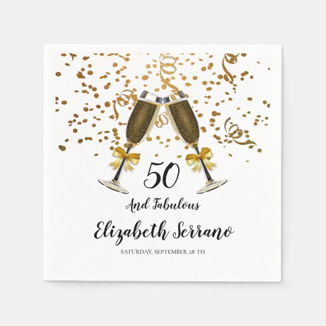 Serviette En Papier 50e anniversaire Gold Confetti Champagne Lunettes (Devant)