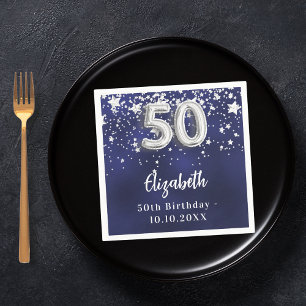 Serviette En Papier 50e anniversaire marine bleu argent étoiles