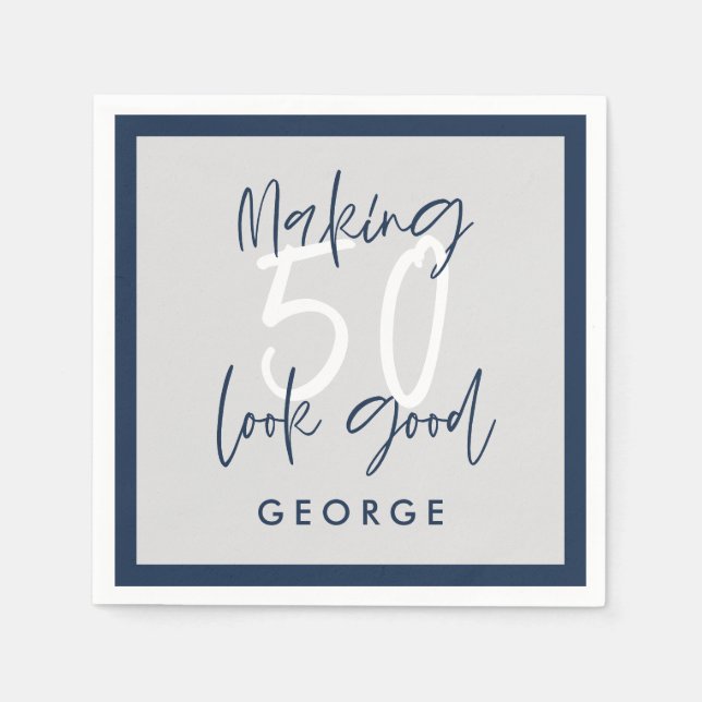 Serviette En Papier 50e anniversaire moderne gris + bleu marine photo  (Devant)