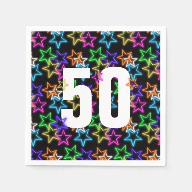 Serviette En Papier 50e Anniversaire Neon Étoiles sur noir (Devant)