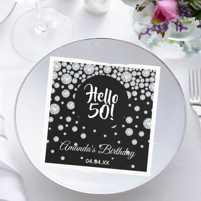 Serviette En Papier 50e anniversaire noir diamants blancs nom glam (Créateur téléchargé)