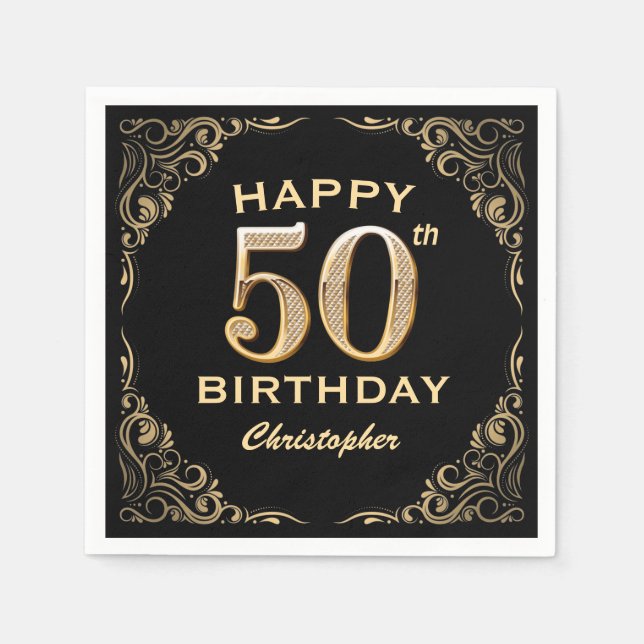 Serviette En Papier 50e anniversaire Parties scintillant noir et or ca (Devant)
