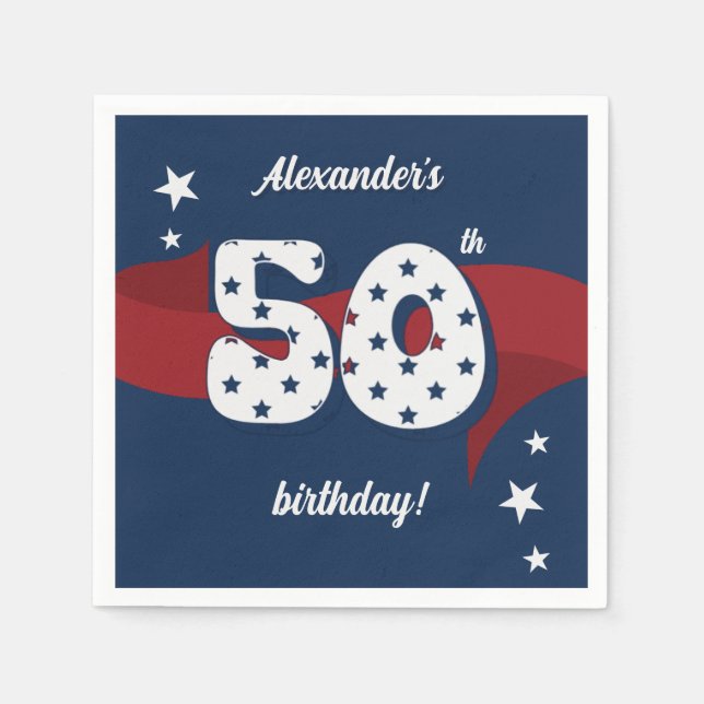 Serviette En Papier 50e Anniversaire Patriotique Rouge Blanc Bleu Étoi (Devant)