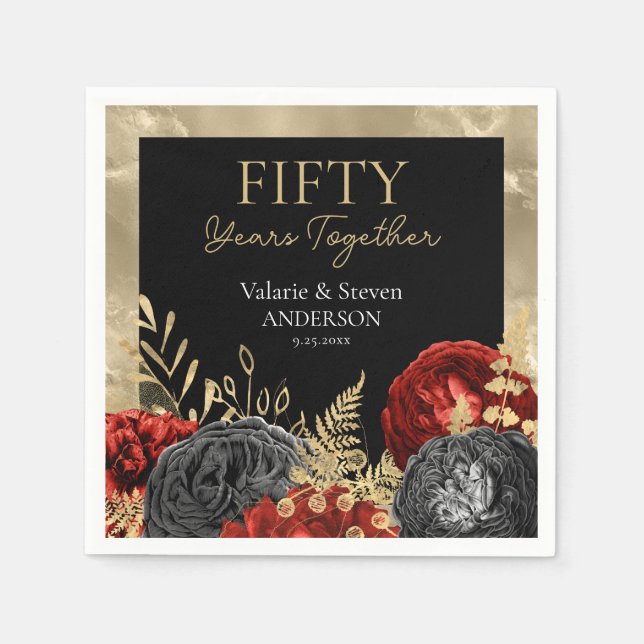 Serviette En Papier 50e Anniversaire Rouge Noir Or Floral (Devant)