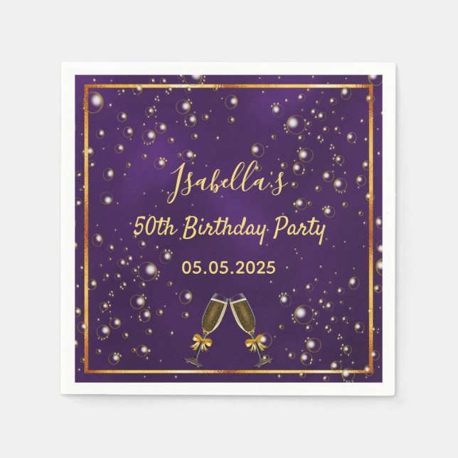 Serviette En Papier 50e anniversaire violet bulles d'or monogramme (Devant)