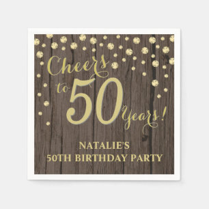 Serviette En Papier 50e fête d'anniversaire Rustic Wood et Gold Diamon