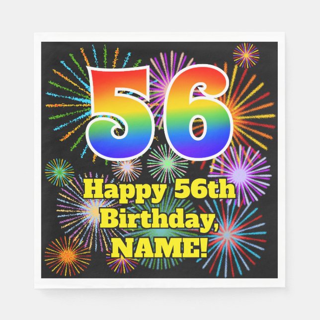 Serviette En Papier 56e anniversaire : Fun Fireworks Motif + Rainbow 5 (Devant)
