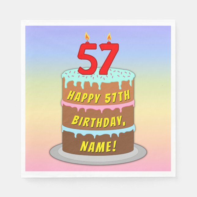 Serviette En Papier 57e anniversaire : Gâteau et bougies amusants + No (Devant)