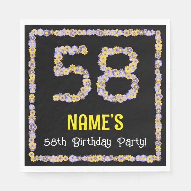 Serviette En Papier 58e Anniversaire : Nombre de fleurs florales, nom  (Devant)