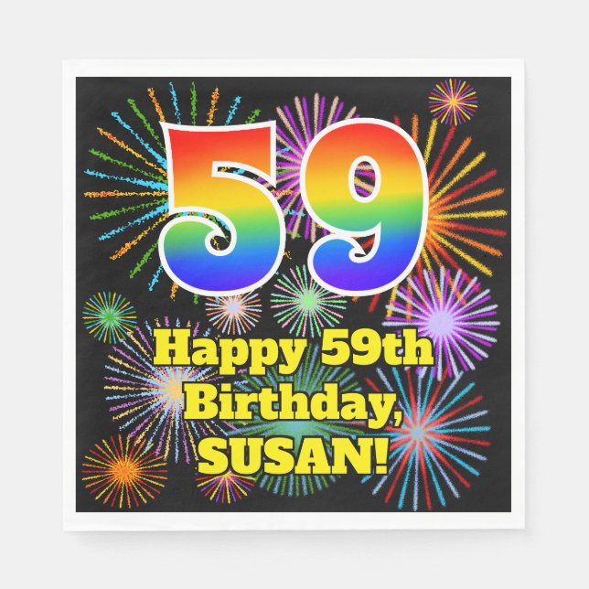 Serviette En Papier 59e anniversaire : Fun Fireworks Motif + Rainbow 5 (Devant)