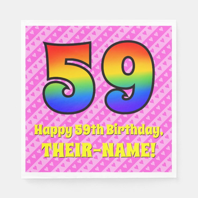 Serviette En Papier 59e anniversaire : Pink Stripes & Hearts, Arc en c (Devant)