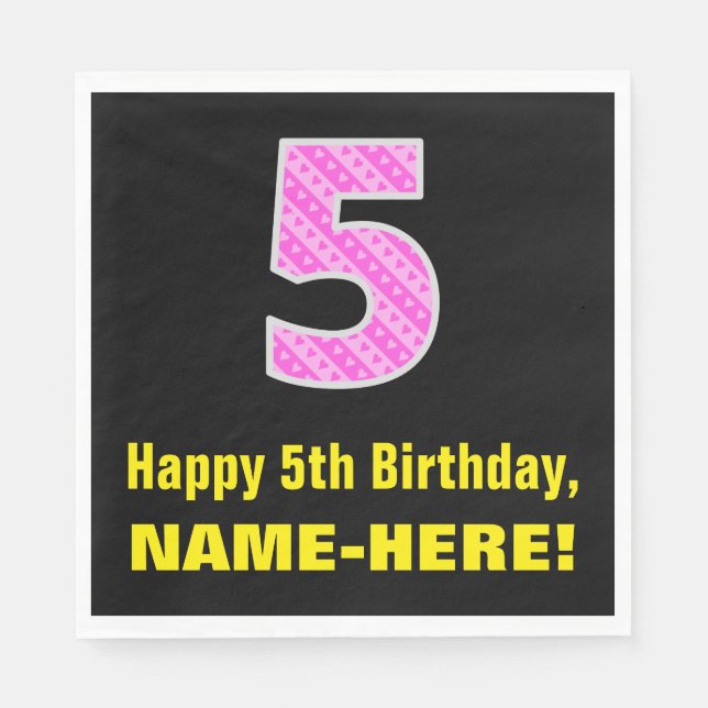 Serviette En Papier 5e anniversaire : Pink Stripes and Hearts "5" + No (Devant)