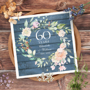 Serviette En Papier 60e 75e Anniversaire de Mariage Bleu Floral Rustiq