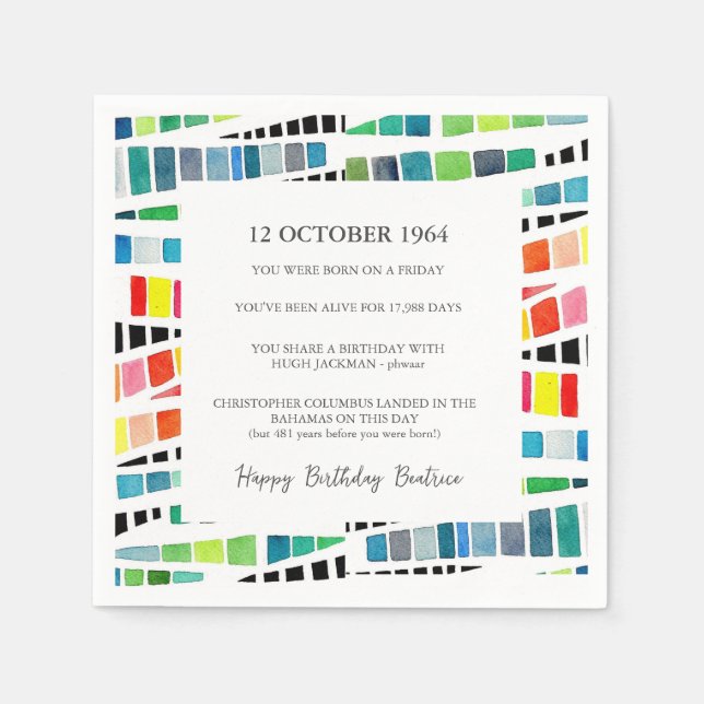 Serviette En Papier 60e anniversaire aquarelle Faits amusants géométri (Devant)