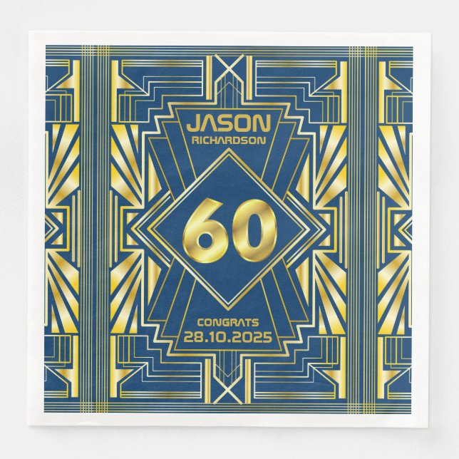 Serviette En Papier 60e anniversaire Art Déco Gold Blue Great Gatsby (Devant)
