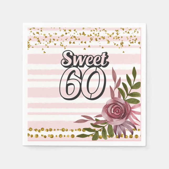 Serviette En Papier 60e anniversaire avec cadre de fleurs rose doux 60 (Devant)
