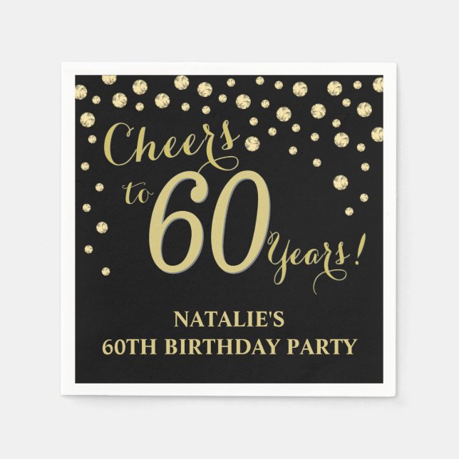 Serviette En Papier 60e anniversaire de fête Black and Gold Diamond Na (Devant)