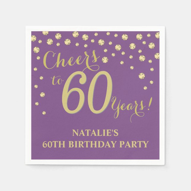 Serviette En Papier 60e anniversaire fête violet et diamant d'or (Devant)