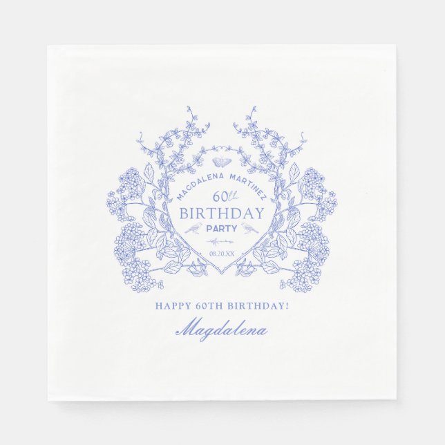 Serviette En Papier 60e anniversaire Français Blue Floral Crest Custom (Devant)