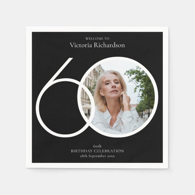 Serviette En Papier 60e anniversaire minimaliste noir blanc photo pers (Devant)