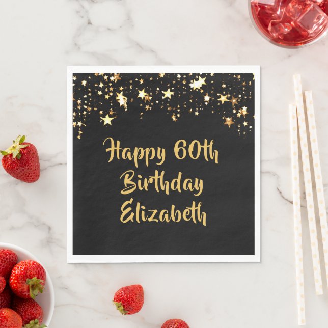 Serviette En Papier 60e anniversaire moderne Black Gold Stars Nom (En situation)