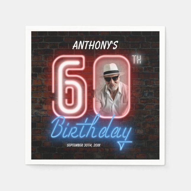 Serviette En Papier 60e anniversaire Neon 80s Retro Moderne Photo pers (Devant)