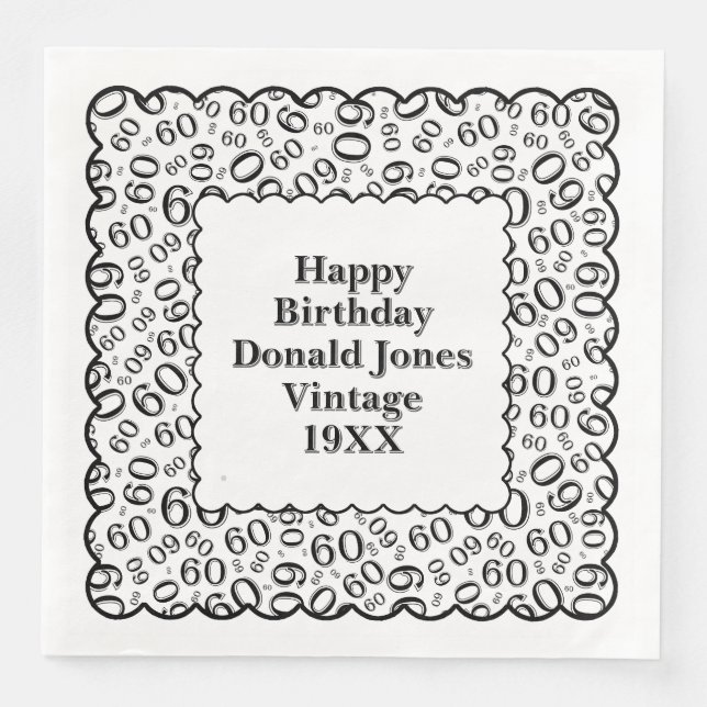 Serviette En Papier 60e anniversaire Numéro Motif pétoncles Noir/Blanc (Devant)