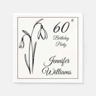 Serviette En Papier 60e Anniversaire Perce-Neige Floral Noir Et Blanc