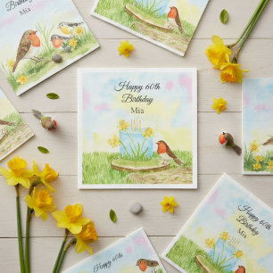 Serviette En Papier 60e Anniversaire Robin avec Gâteau au Narcisse