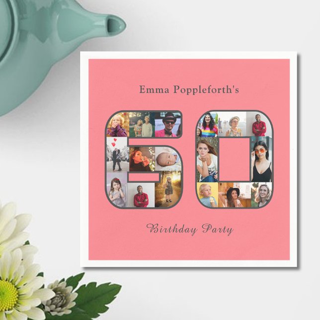 Serviette En Papier 60e anniversaire Soixante photo Collage rose (Blush pink 60th birthday party paper napkin. 60 photo collage template,)