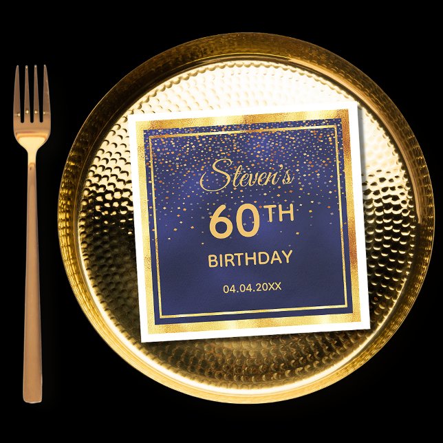 Serviette En Papier 60e anniversaire sur minuit bleu or confetti (Créateur téléchargé)